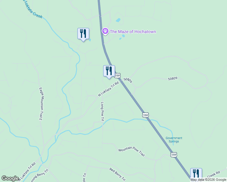 map of restaurants, bars, coffee shops, grocery stores, and more near 109 Lukfata Trail in Broken Bow