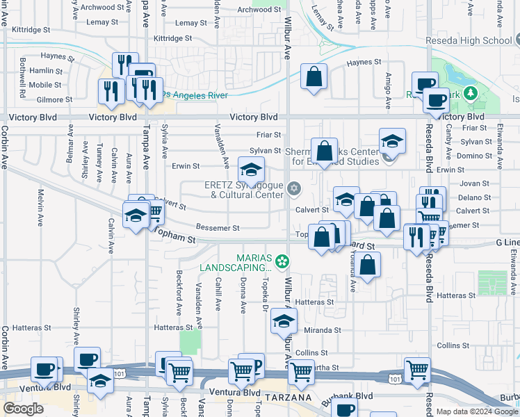 map of restaurants, bars, coffee shops, grocery stores, and more near 18947 Calvert Street in Los Angeles