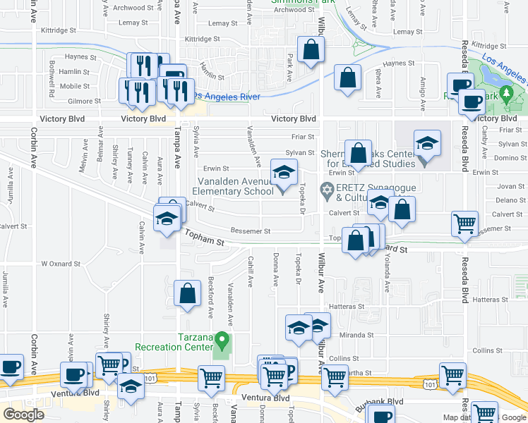map of restaurants, bars, coffee shops, grocery stores, and more near 19041 Calvert Street in Los Angeles