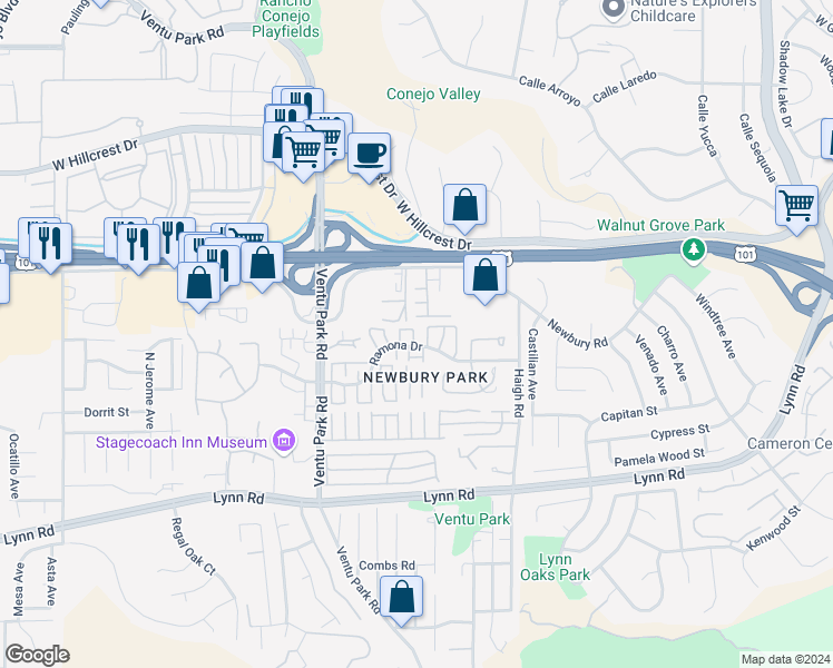map of restaurants, bars, coffee shops, grocery stores, and more near 1253 Ramona Drive in Thousand Oaks