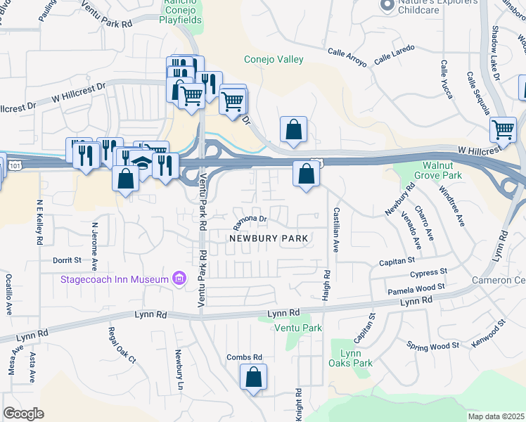 map of restaurants, bars, coffee shops, grocery stores, and more near 1253 Ramona Drive in Thousand Oaks