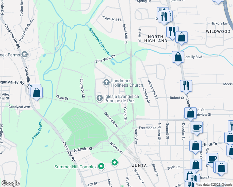 map of restaurants, bars, coffee shops, grocery stores, and more near 108 Bonaire Street in Cartersville