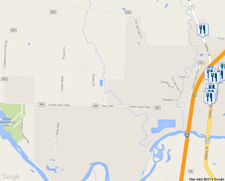 map of restaurants, bars, coffee shops, grocery stores, and more near 212 Hwy 390 in Arkadelphia