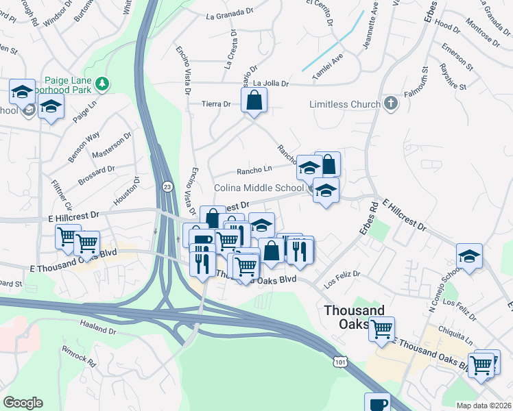 map of restaurants, bars, coffee shops, grocery stores, and more near 1350 East Hillcrest Drive in Thousand Oaks