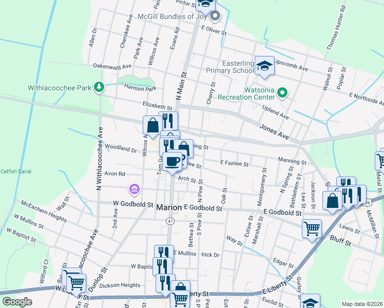 map of restaurants, bars, coffee shops, grocery stores, and more near 219 East Fairlee Street in Marion