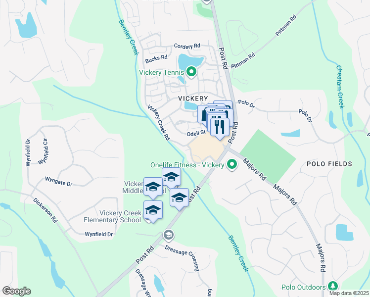 map of restaurants, bars, coffee shops, grocery stores, and more near 6157 Vickery Creek Road in Cumming