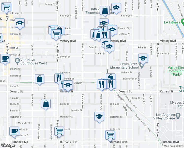 map of restaurants, bars, coffee shops, grocery stores, and more near 13806 Calvert Street in Los Angeles
