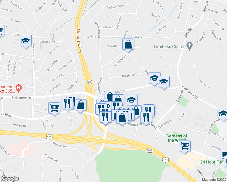 map of restaurants, bars, coffee shops, grocery stores, and more near 226 Rancho Road in Thousand Oaks