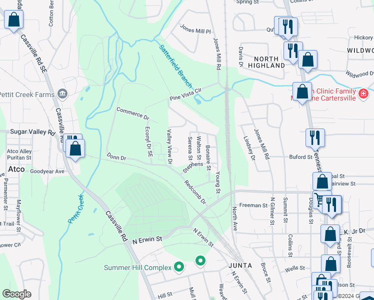 map of restaurants, bars, coffee shops, grocery stores, and more near 12 Serena Street in Cartersville