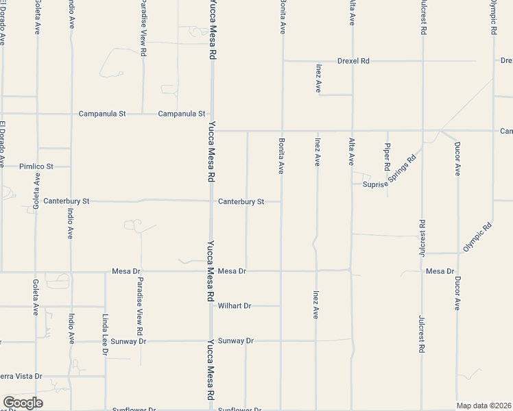map of restaurants, bars, coffee shops, grocery stores, and more near 59423 Canterbury Street in Yucca Valley
