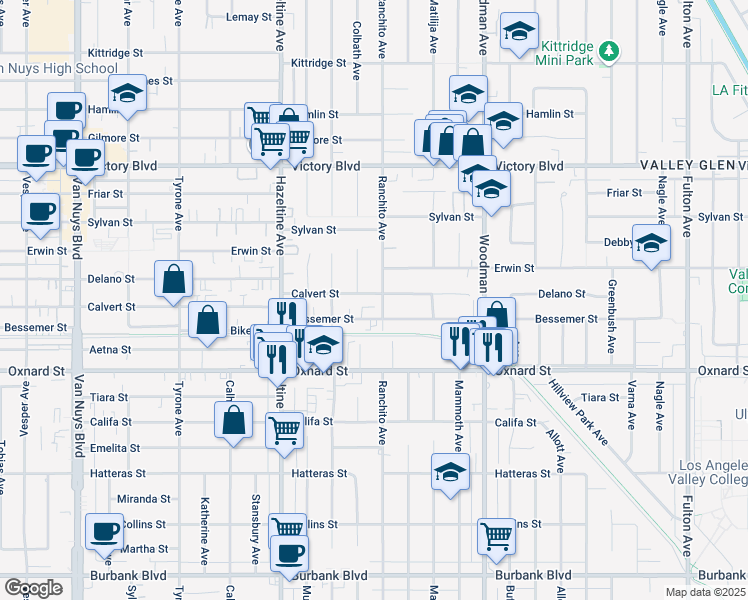 map of restaurants, bars, coffee shops, grocery stores, and more near 13908 Calvert Street in Los Angeles