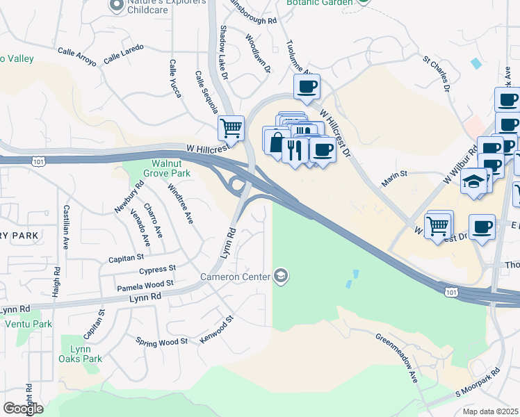 map of restaurants, bars, coffee shops, grocery stores, and more near 457 Cherry Hills Lane in Thousand Oaks