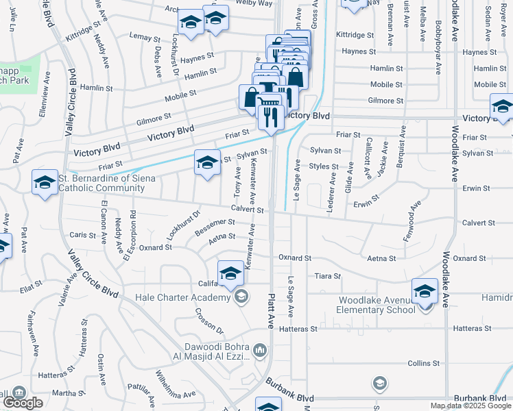 map of restaurants, bars, coffee shops, grocery stores, and more near 23717 Calvert Street in Los Angeles