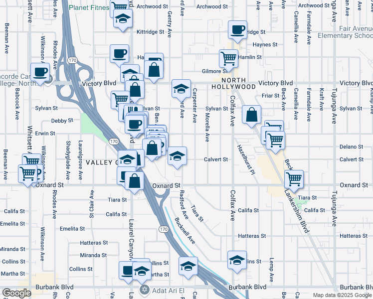 map of restaurants, bars, coffee shops, grocery stores, and more near 6120 Radford Avenue in Los Angeles