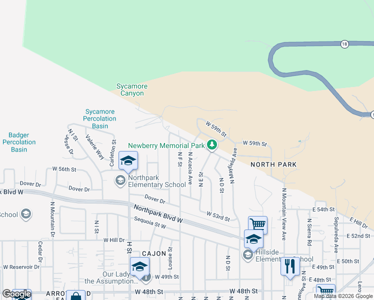 map of restaurants, bars, coffee shops, grocery stores, and more near 5794 North Acacia Avenue in San Bernardino
