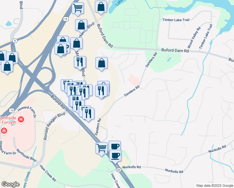map of restaurants, bars, coffee shops, grocery stores, and more near 1080 Sanders Road in Cumming