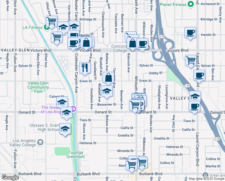 map of restaurants, bars, coffee shops, grocery stores, and more near 6123 Teesdale Avenue in Los Angeles