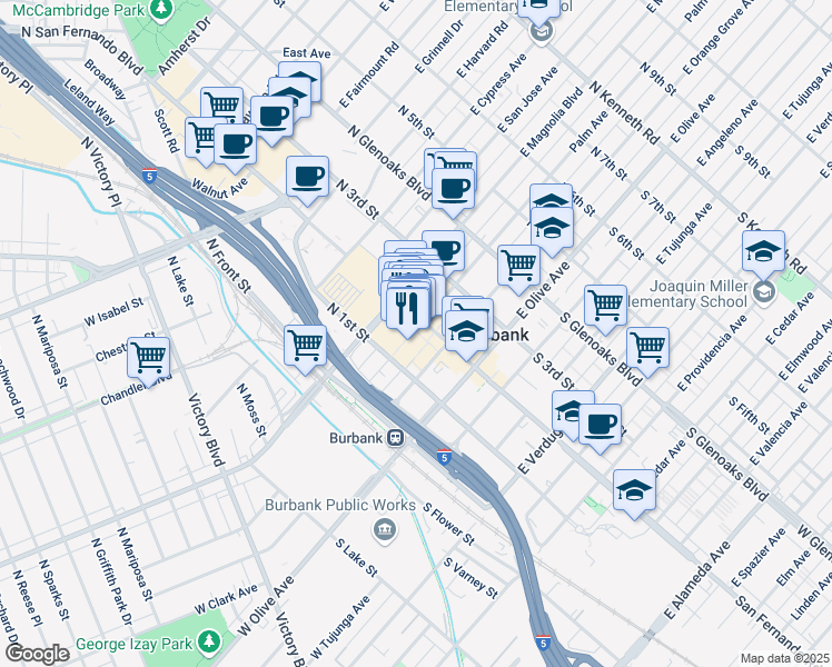 map of restaurants, bars, coffee shops, grocery stores, and more near 152 Palm Avenue in Burbank