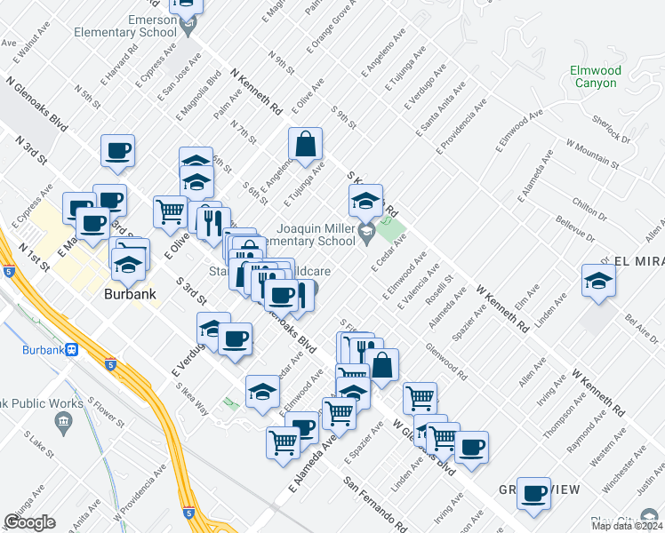 map of restaurants, bars, coffee shops, grocery stores, and more near 575 East Providencia Avenue in Burbank