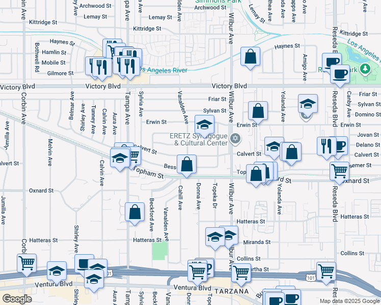 map of restaurants, bars, coffee shops, grocery stores, and more near 19041 Calvert Street in Los Angeles