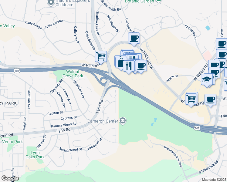 map of restaurants, bars, coffee shops, grocery stores, and more near 457 Cherry Hills Lane in Thousand Oaks