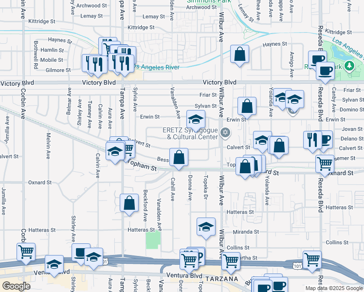 map of restaurants, bars, coffee shops, grocery stores, and more near 19041 Calvert Street in Los Angeles