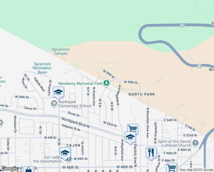 map of restaurants, bars, coffee shops, grocery stores, and more near 560 West Hill Drive in San Bernardino