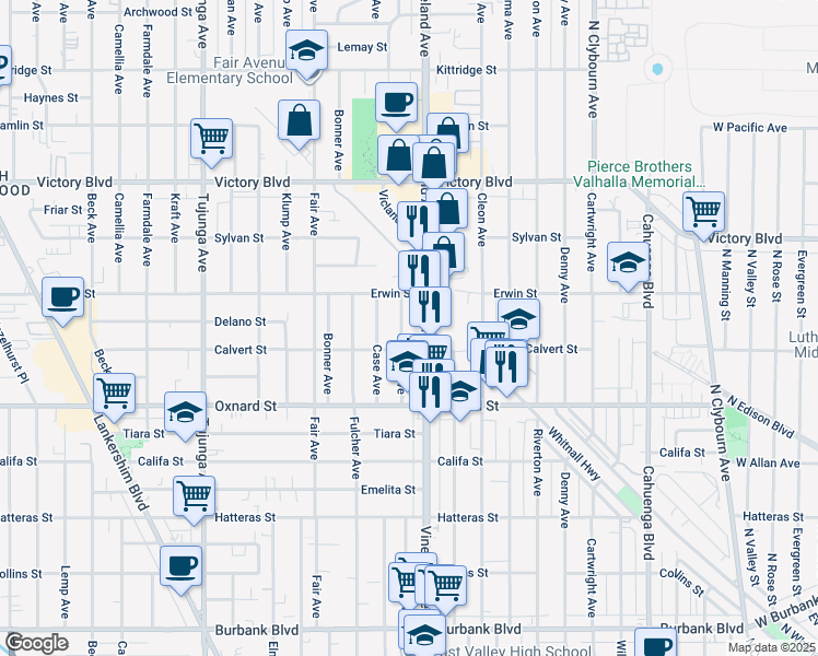 map of restaurants, bars, coffee shops, grocery stores, and more near 6126 Ensign Avenue in Los Angeles