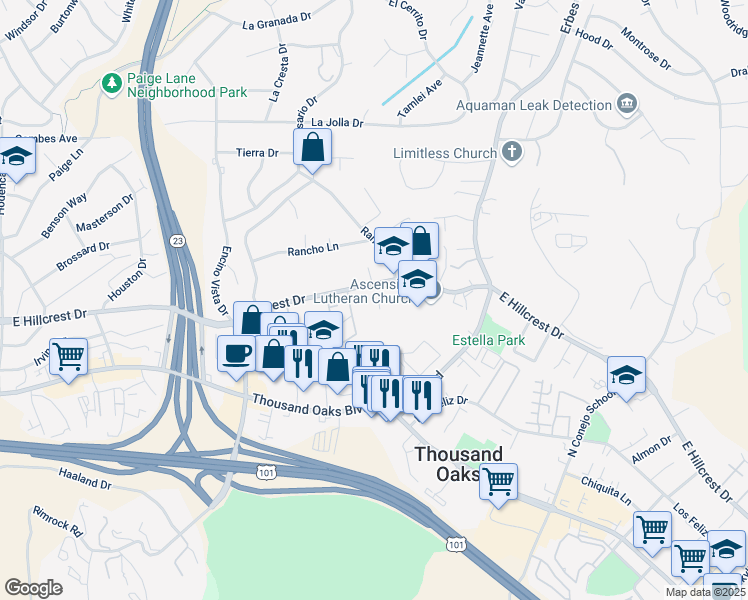 map of restaurants, bars, coffee shops, grocery stores, and more near 1500 East Hillcrest Drive in Thousand Oaks