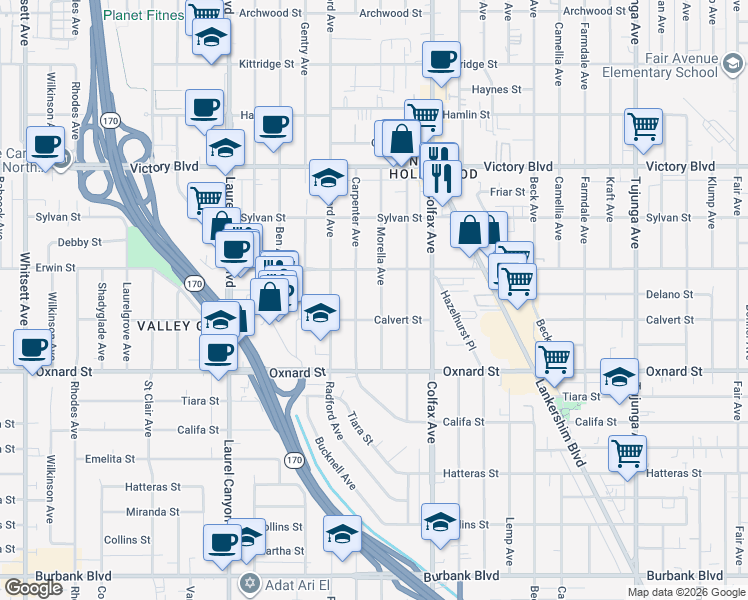 map of restaurants, bars, coffee shops, grocery stores, and more near 6123 Morella Avenue in Los Angeles