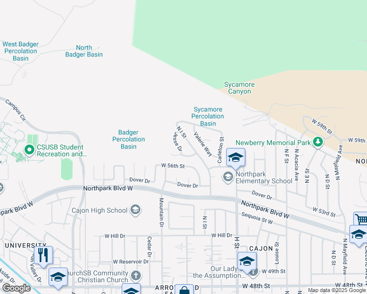 map of restaurants, bars, coffee shops, grocery stores, and more near 5741 Jesse Drive in San Bernardino