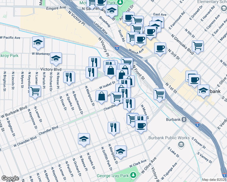 map of restaurants, bars, coffee shops, grocery stores, and more near 917 Chestnut St in Burbank
