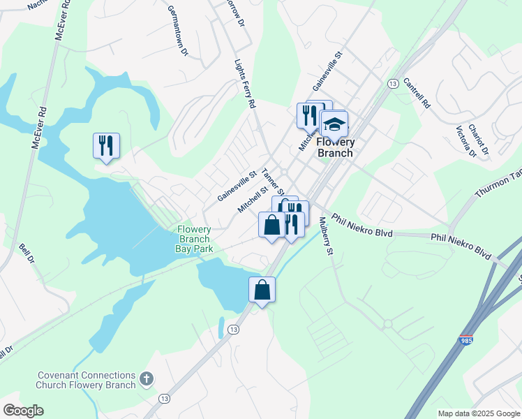 map of restaurants, bars, coffee shops, grocery stores, and more near 5824 Church Street in Flowery Branch