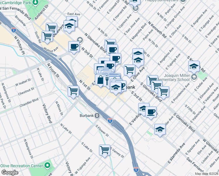 map of restaurants, bars, coffee shops, grocery stores, and more near 212 North San Fernando Boulevard in Burbank