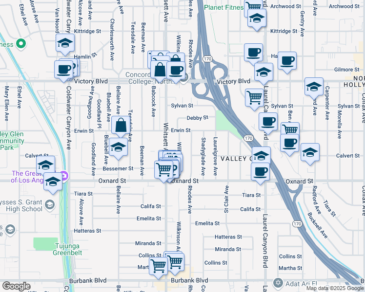 map of restaurants, bars, coffee shops, grocery stores, and more near 6124 Wilkinson Avenue in Los Angeles