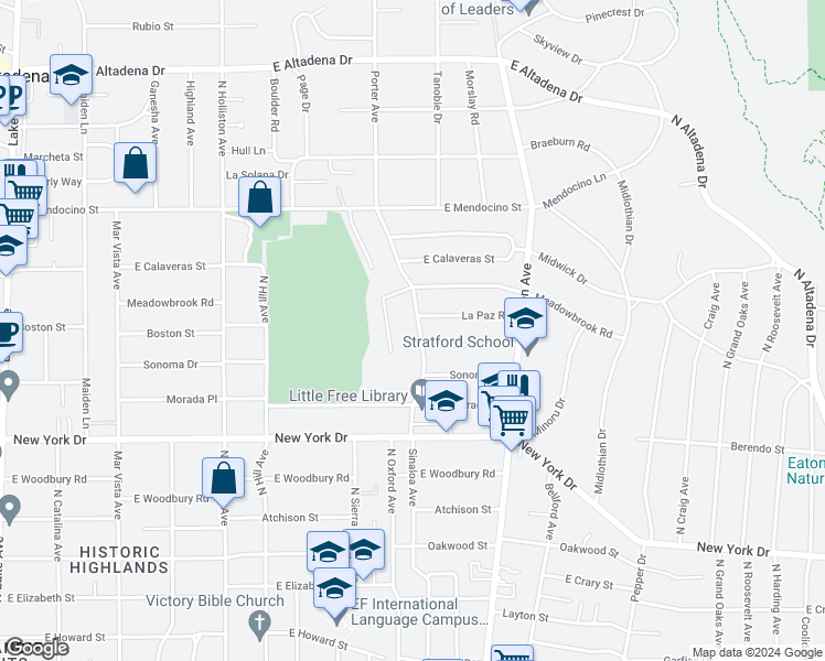 map of restaurants, bars, coffee shops, grocery stores, and more near 2099 Sinaloa Avenue in Altadena