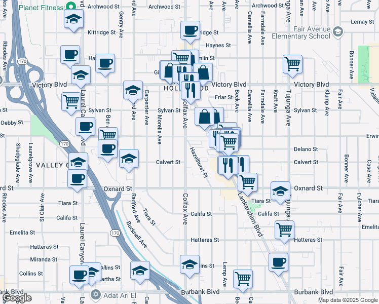 map of restaurants, bars, coffee shops, grocery stores, and more near 6122 Colfax Avenue in Los Angeles