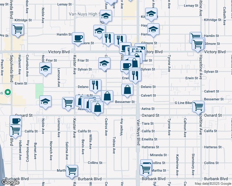 map of restaurants, bars, coffee shops, grocery stores, and more near 14633 Calvert Street in Los Angeles
