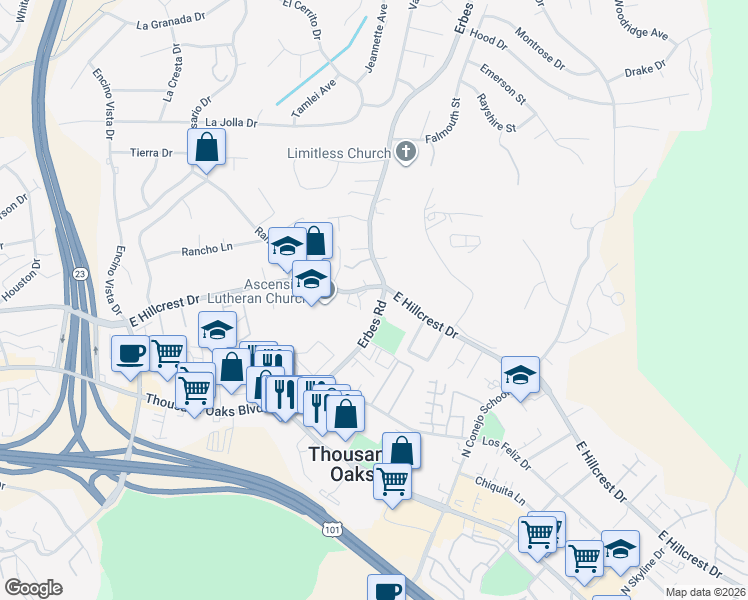 map of restaurants, bars, coffee shops, grocery stores, and more near 399 Erbes Road in Thousand Oaks