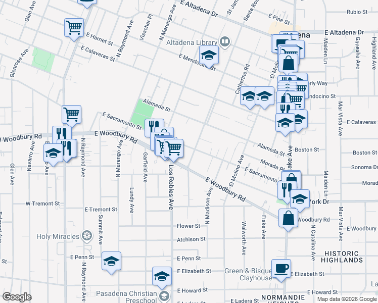 map of restaurants, bars, coffee shops, grocery stores, and more near 2105 Santa Rosa Avenue in Altadena