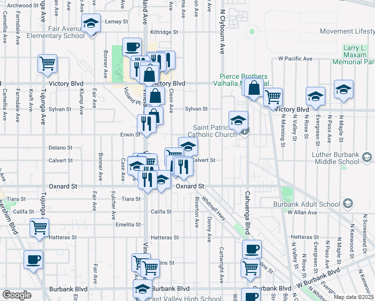 map of restaurants, bars, coffee shops, grocery stores, and more near 6122 Satsuma Avenue in Los Angeles