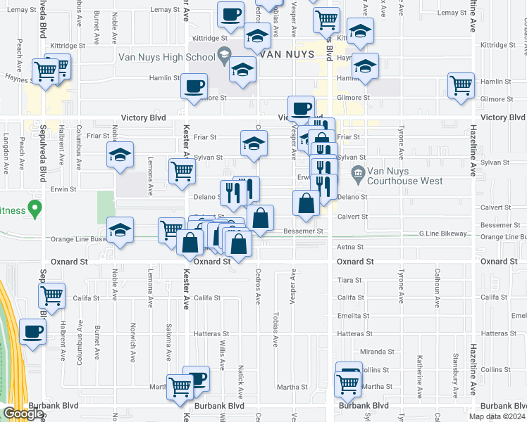 map of restaurants, bars, coffee shops, grocery stores, and more near 14653 Calvert Street in Los Angeles