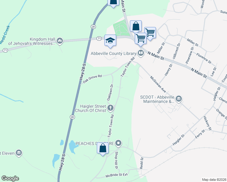 map of restaurants, bars, coffee shops, grocery stores, and more near 63 Oaklawn Drive in Abbeville