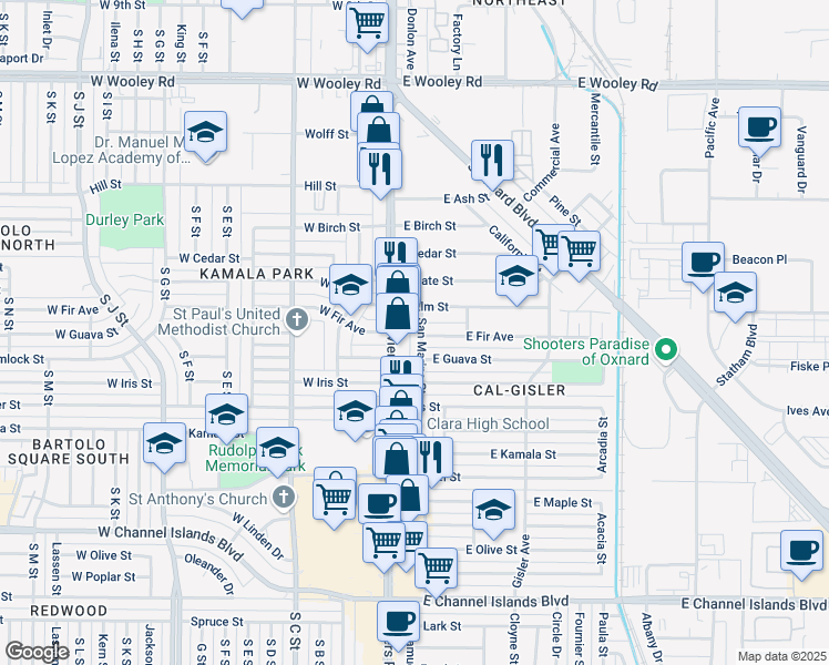 map of restaurants, bars, coffee shops, grocery stores, and more near 1815 San Marino Street in Oxnard