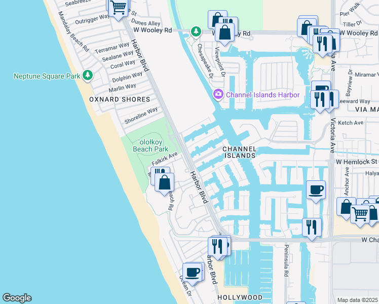map of restaurants, bars, coffee shops, grocery stores, and more near 4624 Falkirk Bay in Oxnard