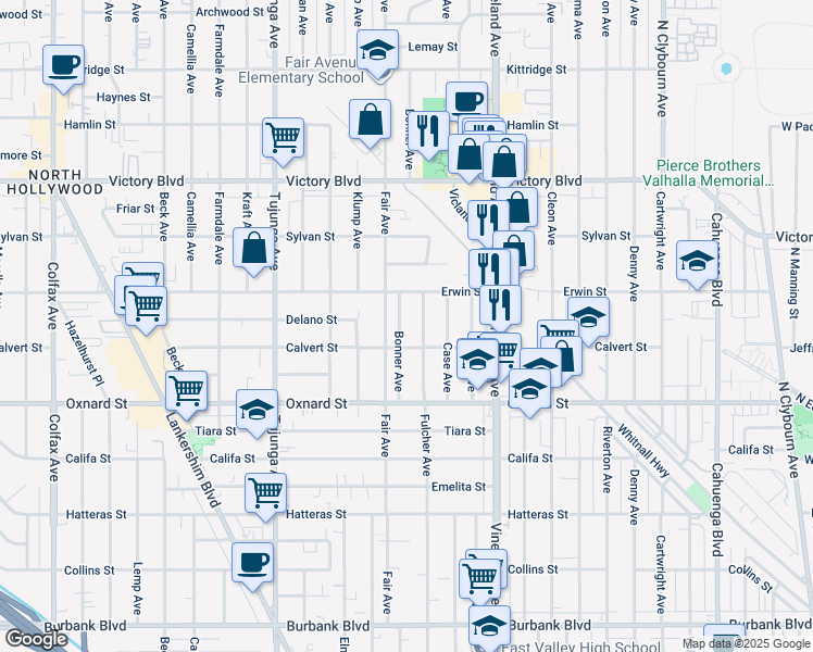 map of restaurants, bars, coffee shops, grocery stores, and more near 6126 Bonner Avenue in Los Angeles