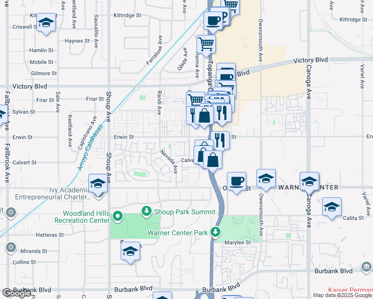 map of restaurants, bars, coffee shops, grocery stores, and more near 6121 Glade Avenue in Los Angeles