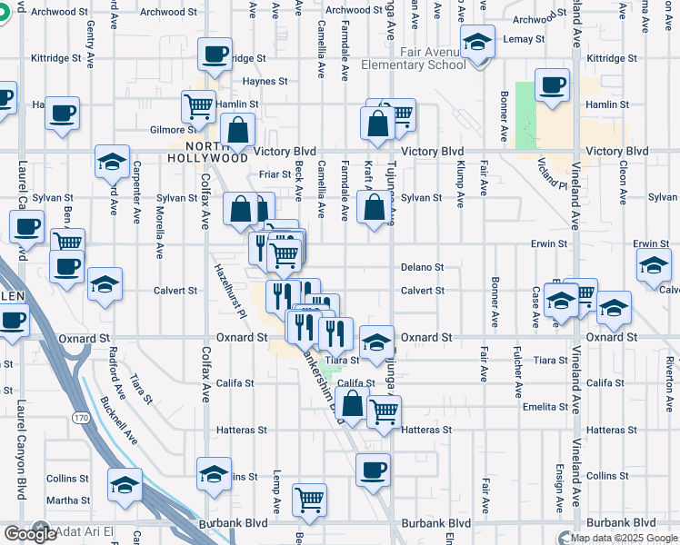 map of restaurants, bars, coffee shops, grocery stores, and more near 11472 Delano Street in Los Angeles