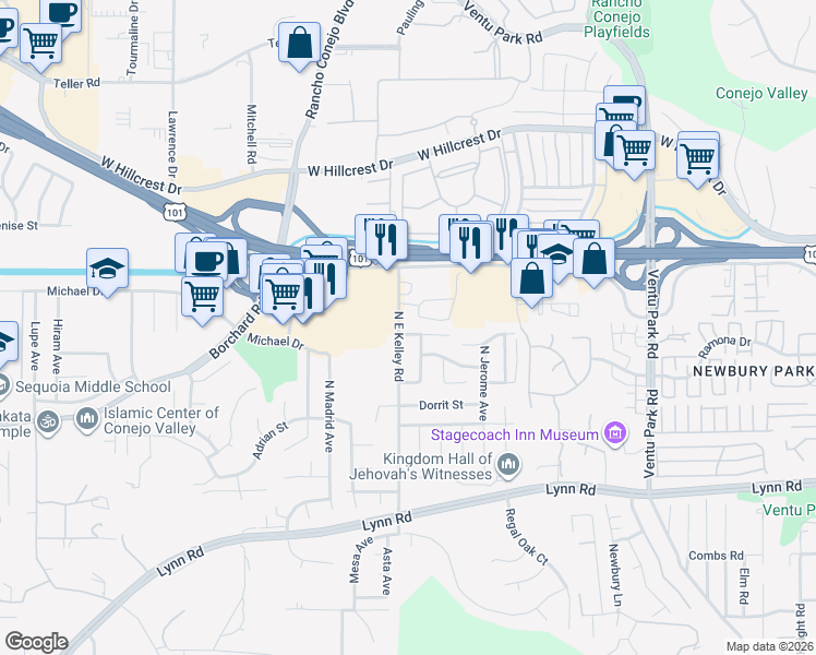 map of restaurants, bars, coffee shops, grocery stores, and more near 1917 Galway Lane in Thousand Oaks