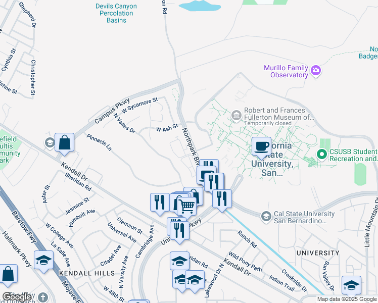 map of restaurants, bars, coffee shops, grocery stores, and more near 1885 Northpark Boulevard West in San Bernardino
